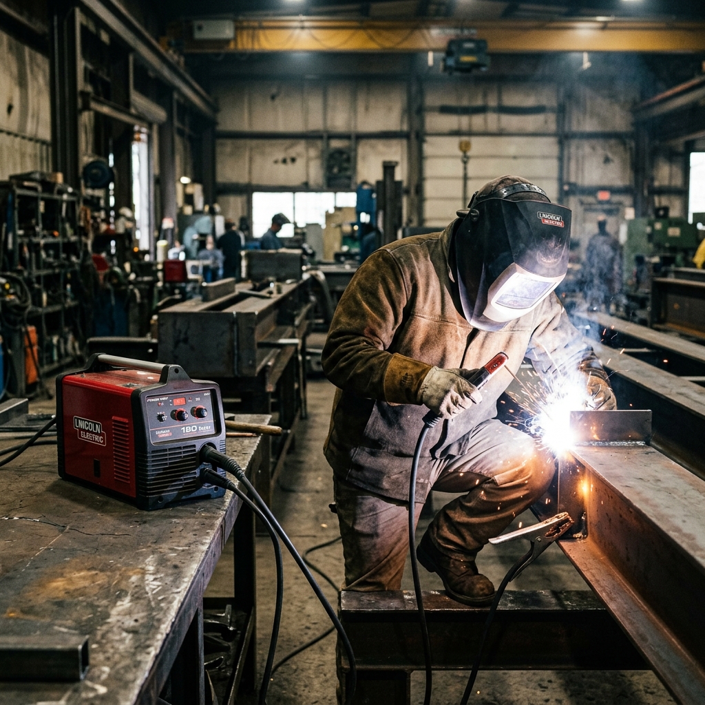 Profissional utilizando inversora de solda em oficina metalúrgica